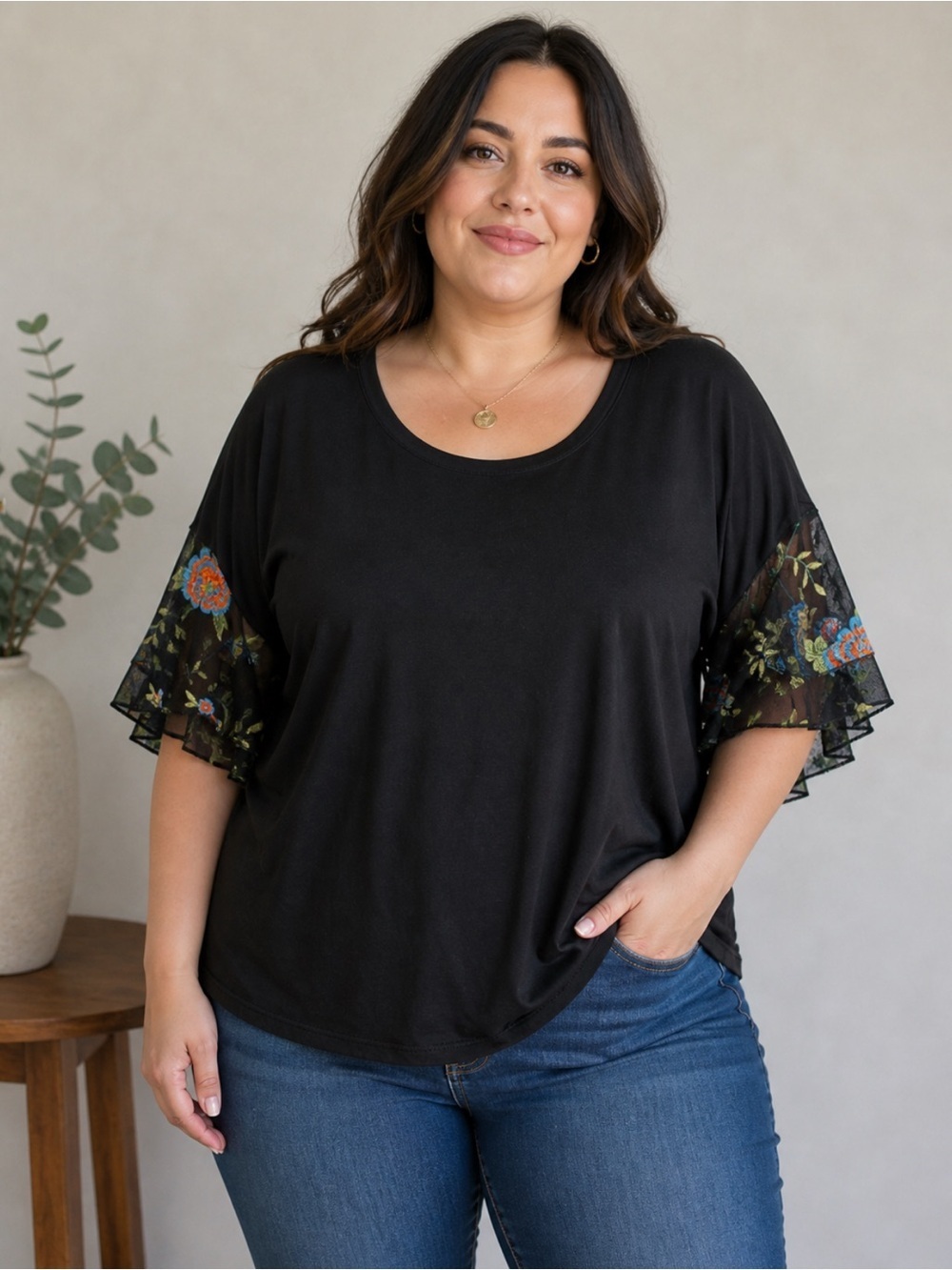 Kim & Cami Embroidered Ruffle Sleeve Women's Top Size-1X Romantic Boho